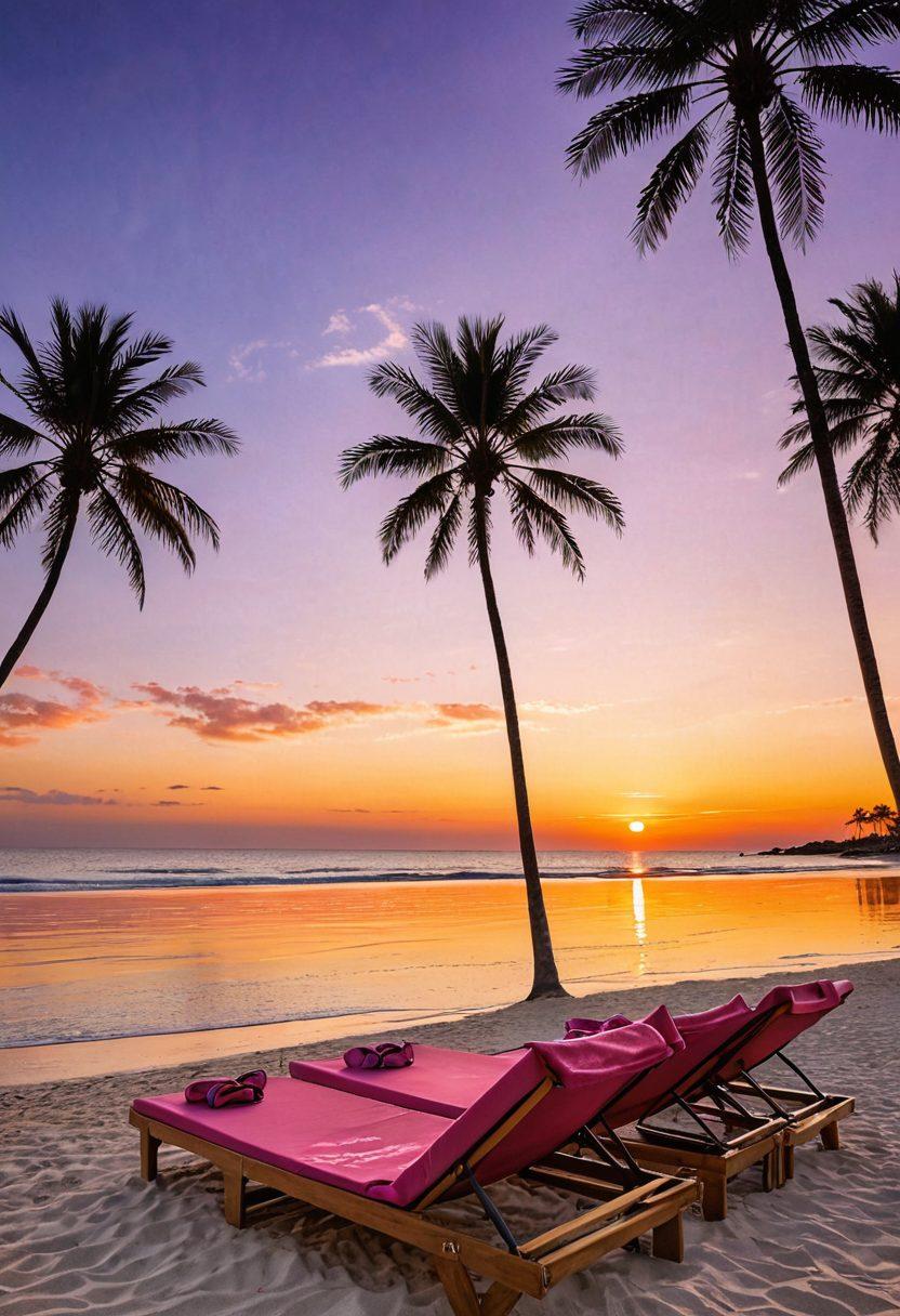 A serene beach scene with soft golden sand and gentle waves lapping at the shore. Display a variety of colorful two-piece swimsuits elegantly draped on sun loungers, surrounded by beach accessories like sunglasses, hats, and towels. A vibrant sun setting in the background, casting warm hues across the sky and reflecting on the water. Palm trees sway slightly with a light breeze, creating an inviting atmosphere for relaxation and fun. super-realistic. vibrant colors. cheerful summer vibe.